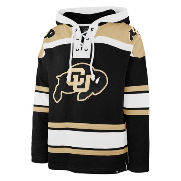 Black CU Buffaloes hockey-style hoodie with embroidered logo and white lace-up collar